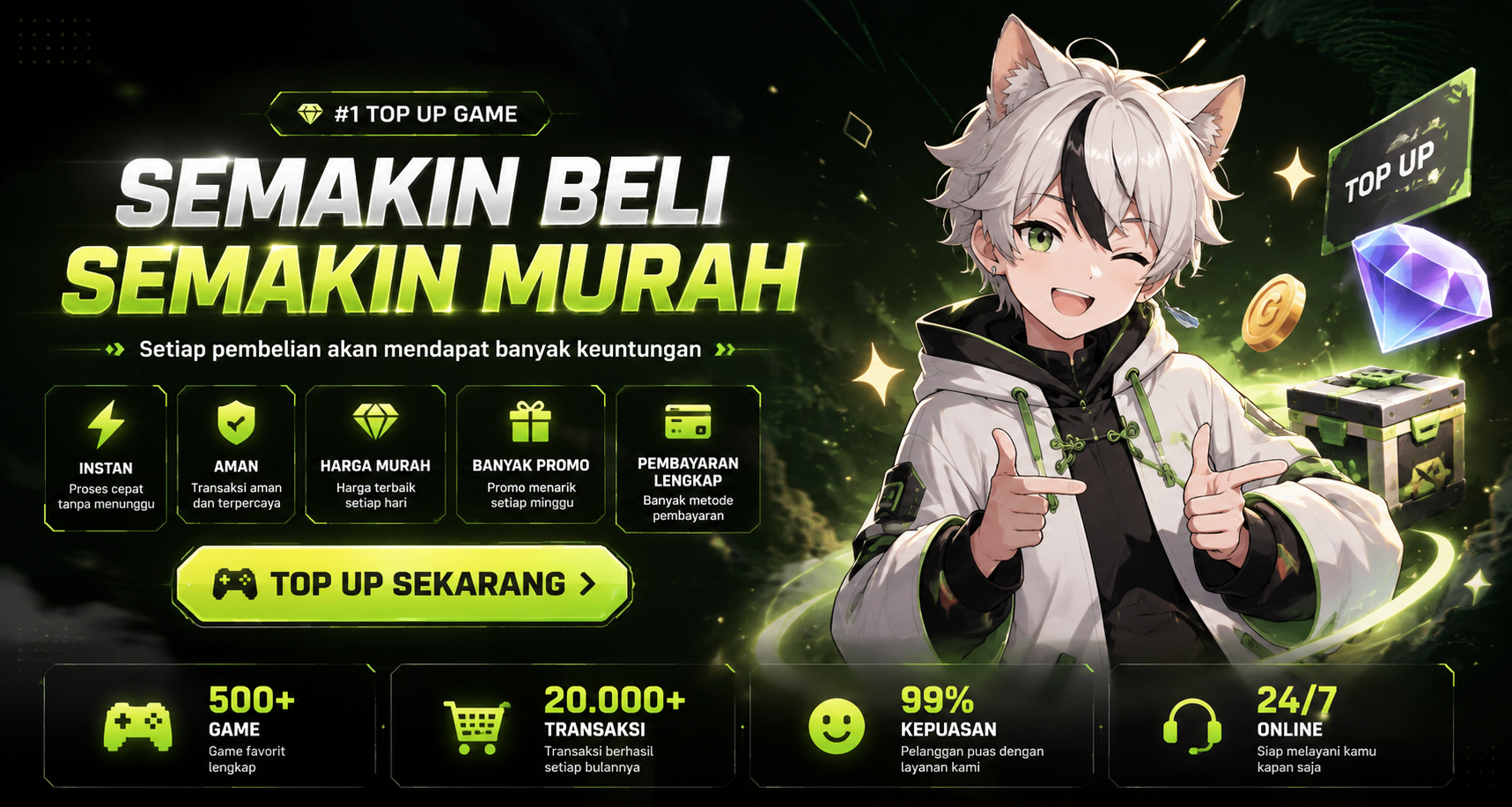 Game Top Up Banner dengan karakter mascot